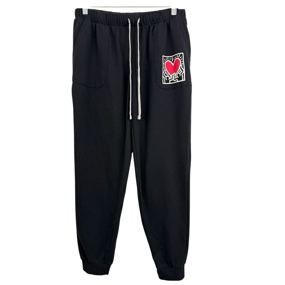 Keith Haring Jogger Sweatpants Womens Sz Small Pants Black Holding Heart Love